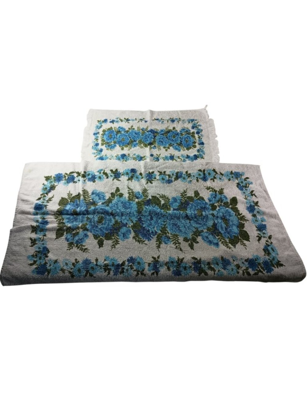 Cannon Towels 70s Retro Blue Floral Fringe set of 2 Vintage